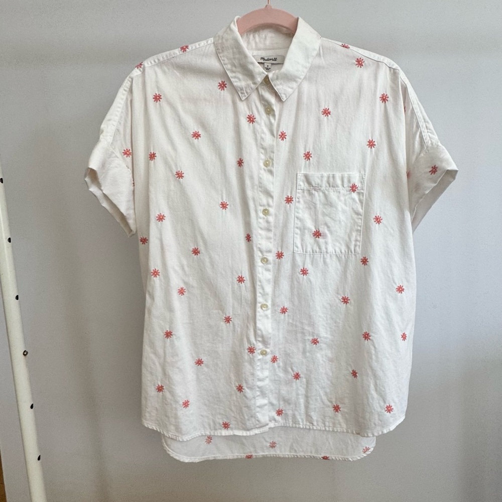 Madewell Embroidered Daisy Courier Button Down Short Sleeve Shirt, S